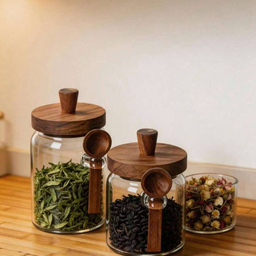 Food Storage Jars With Wooden Lids - Conjunto de 3 potes de vidro