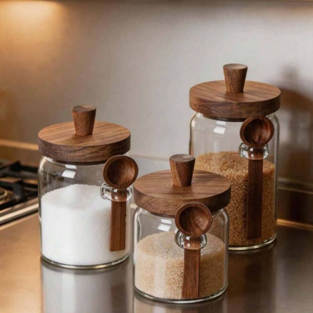 Conjunto de 3 potes de vidro t - Food Storage Jars With Wooden Lids avaliação e preço