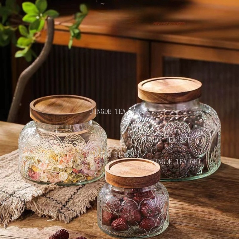 Pote de Vidro Embossado com Ta - Food Storage Jars With Wooden Lids avaliação e preço